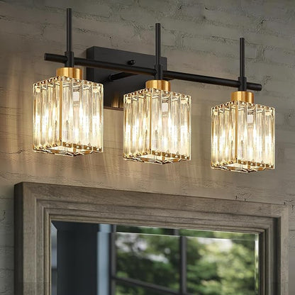 Torondo Modern Crystal 3-Light Vanity Lights for Bathroom Gold Bathroom Lights Over Mirror Black and Gold Vanity Lighting Fixtures Square Shade Brass Wall Sconce (Bulbs Not Include)