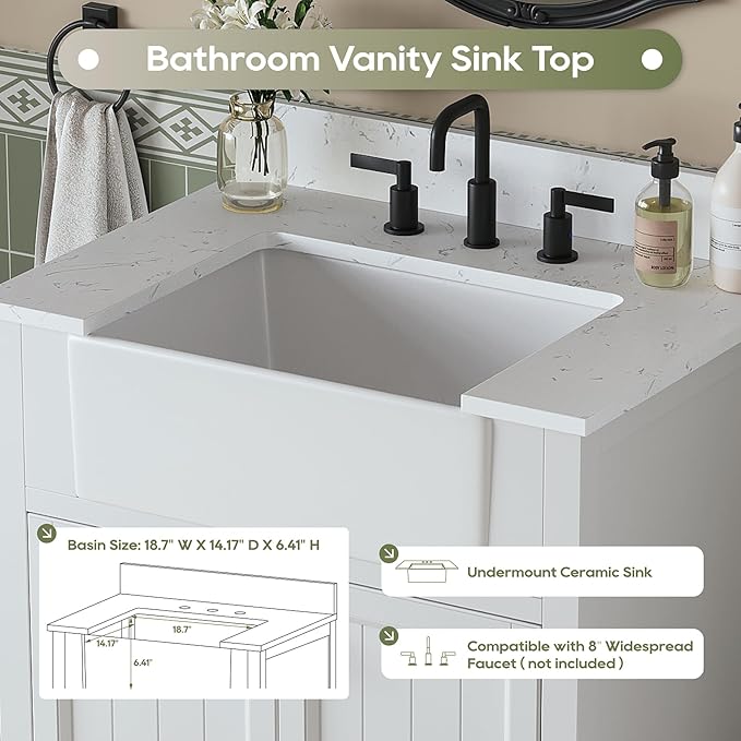 30 Inch Bathroom Vanity with Sink, Farmhouse Single Sink Bathroom Vanity with Adjustable Feet, Bathroom Storage Cabinet with Soft Closing Doors, Apron Farm Sink, White