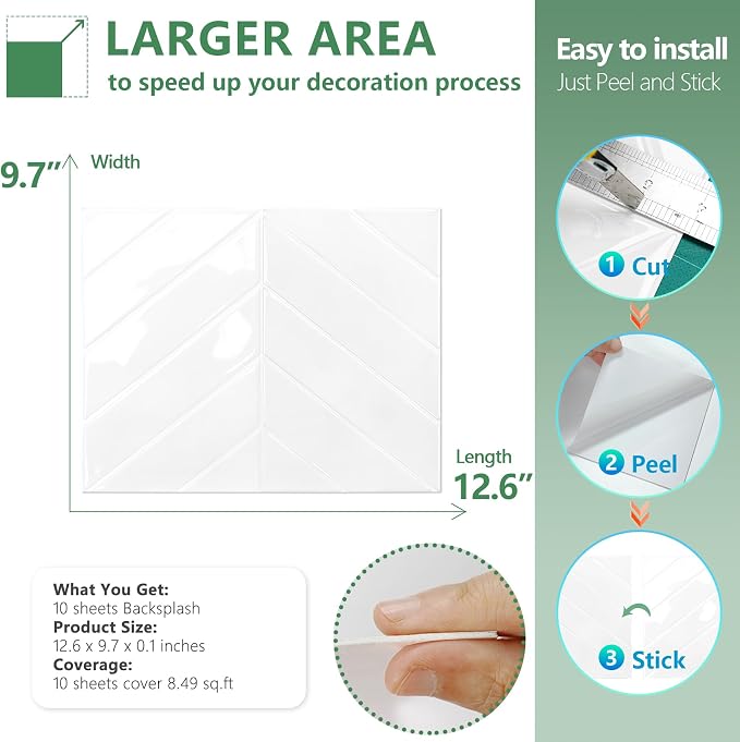 STICKGOO Herringbone Peel and Stick Backsplash, Pure White, 10 Sheets | 12.6 x 9.7 in, Thicker Rectangular Vinyl Stick-On Wall Tiles, Easy Alignment, Waterproof, Easy to Clean, Kitchen/Bathroom