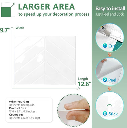 STICKGOO Herringbone Peel and Stick Backsplash, Pure White, 10 Sheets | 12.6 x 9.7 in, Thicker Rectangular Vinyl Stick-On Wall Tiles, Easy Alignment, Waterproof, Easy to Clean, Kitchen/Bathroom