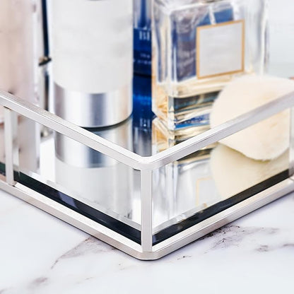 PuTwo Tray Mirror Silver Dresser Ornate Metal Decorative Jewelry Organizer | Silver Tray Jewelry Perfume Organizer Makeup Tray for Vanity Dresser Bathroom Bedroom
