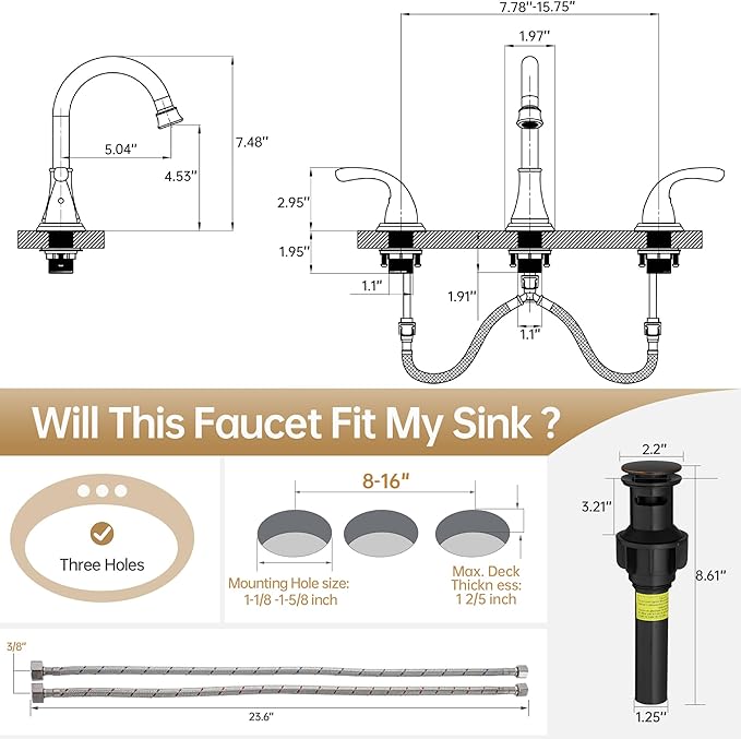 Bathroom Faucet 3 Holes, 8 Inch Widespread Faucet 2 Handle Bathroom Sinks Faucets Lead-Free Oil Rubbed Bronze Bath Sinks Faucets with Pop-up Drain Stopper and Supply Hoses