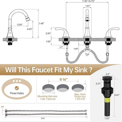 Bathroom Faucet 3 Holes, 8 Inch Widespread Faucet 2 Handle Bathroom Sinks Faucets Lead-Free Oil Rubbed Bronze Bath Sinks Faucets with Pop-up Drain Stopper and Supply Hoses