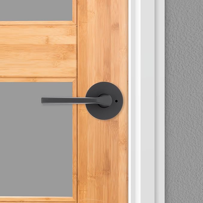 Kwikset Lisbon Interior Privacy Door Handle with Lock, Round Lever for Bathroom and Bedroom, Matte Black Reversible Keyless Push Button Lock Door Lever, with Microban Protection