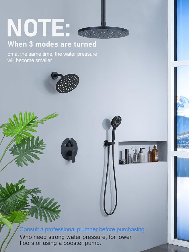 Woindo Shower Faucet Set 10" Rain Shower Head/8'' Side Shower Head and 3 Setting Handheld Ceiling Mount 3 Push Button Diverter Complete Rainfall Round Shower System Included Valve Trim Kit