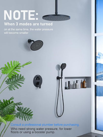 Woindo Shower Faucet Set 10" Rain Shower Head/8'' Side Shower Head and 3 Setting Handheld Ceiling Mount 3 Push Button Diverter Complete Rainfall Round Shower System Included Valve Trim Kit