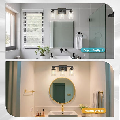 DORESshop 17 Inch Bathroom Light Fixtures, 3-Light Black with Gold Trim Bathroom Lighting Fixtures Over Mirror with Clear Glass Shade, Vanity Lights for Living Room Bedroom