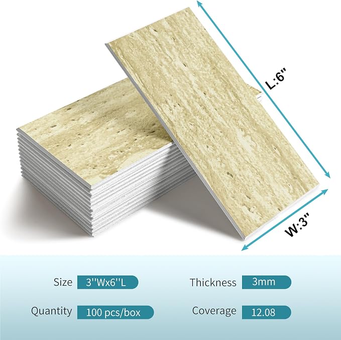 Vamos Tile 100 Pieces Peel and Stick Backsplash Tiles, 3" x 6" PVC Subway Tile, Beige Mix Off White Travertine Stick on Backsplash Tiles for Kitchen/Bathroom/Fireplace/Laundry/Camper