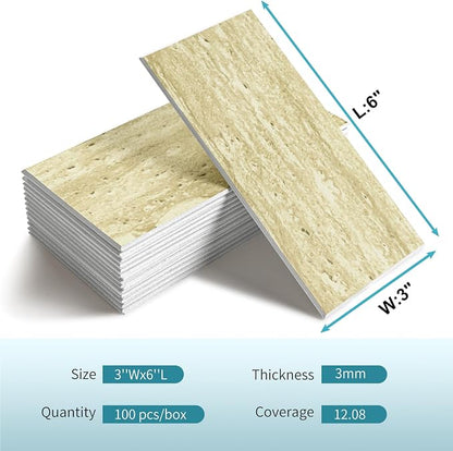 Vamos Tile 100 Pieces Peel and Stick Backsplash Tiles, 3" x 6" PVC Subway Tile, Beige Mix Off White Travertine Stick on Backsplash Tiles for Kitchen/Bathroom/Fireplace/Laundry/Camper