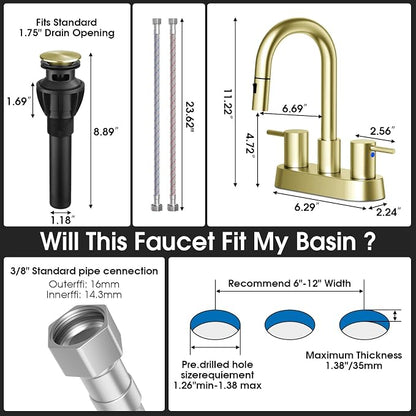 Brushed Gold Bathroom Faucet with Pull Out Sprayer, Dual-Function Spout Gold Bathroom Sink Faucets, 4 Inch Two Handle Utility Sink Faucet with Sprayer 3 Hole, Easy Pet Shower, RVs