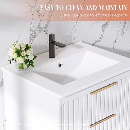 24" Bathroom Vanity with Sink, Floating Vanity Bathroom Sink Cabinet Wall Mount, Soft-Close Function 2 Large Drawers, Grooved Stripe Design, Hidden Damping Drawers, White