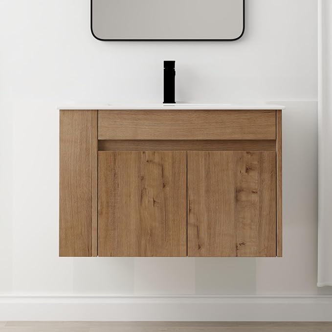 Henf 30inch Brown Modern Wall Mounting Bathroom Vanity With Sink, 2 Soft Close Doors & Open Storage Shelf, Wood Bathroom Sink Vanity with Sink Combo Set
