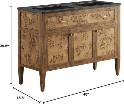 Modway Elysian 48" Burl Wood Double Bathroom Vanity in Black Brown with Ceramic Sink Basin