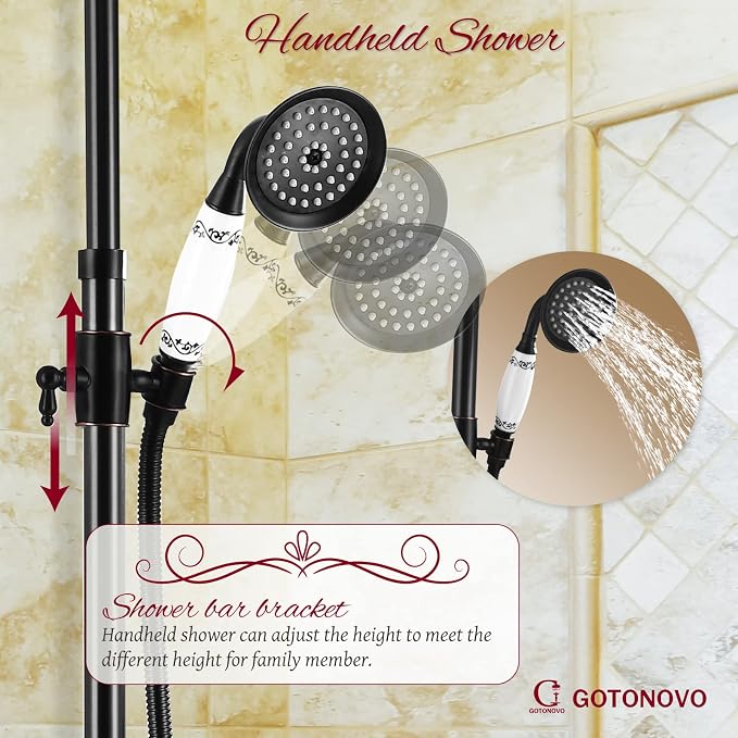 gotonovo Vintage Exposed Shower Faucet Set with Tub Spout,Oil Rubbed Bronze | Bathtub 8” Shower Head with Handheld System Fixtures Combo Kit,360°Rotation,Fast Filler,Extra Extension Tube,for 5-6.7" Hole