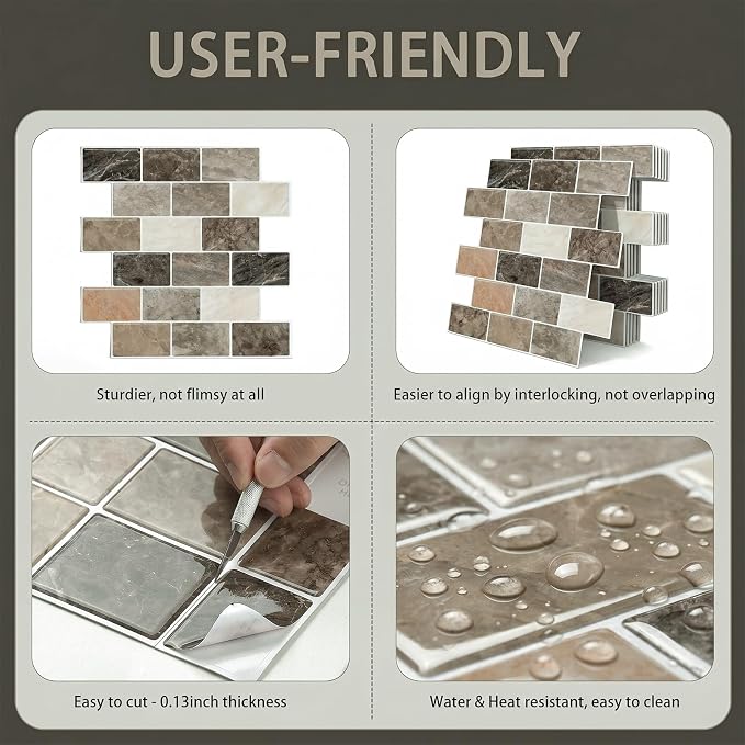 Arttown Peel and Stick 3D Wall Backsplash, 10-Sheet, 12" × 12" Brown Tan | Subway Tiles Self Adhesive Thicker Design Wall Tile Panel Wallpaper for Kitchen Balcony Bathroom Rental Housing
