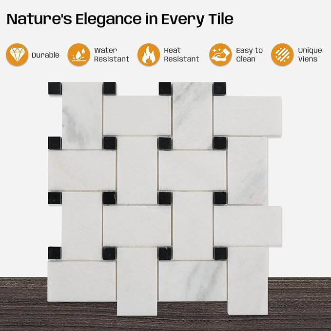 2×3 Inch Basketweaven White Marble Mosaic Tile for Wall Floor, 5 Sheets | Water & Heat Resistant Honed Marble Backsplash Tiles for Kitchen Bathroom Fireplace Surround Durable Unique Veins 3.8SQFT