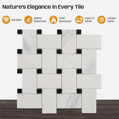 2×3 Inch Basketweaven White Marble Mosaic Tile for Wall Floor, 5 Sheets | Water & Heat Resistant Honed Marble Backsplash Tiles for Kitchen Bathroom Fireplace Surround Durable Unique Veins 3.8SQFT