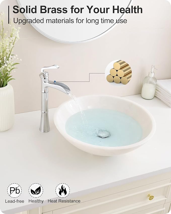 Brass Vessel Faucet, Waterfall Chrome Bathroom Faucet, Single Hole Tall Bathroom Faucets for Vessel Sinks, Single Handle Bathroom Sink Faucets with Pop-Up Drain & Supply Water Hoses, No Leaks