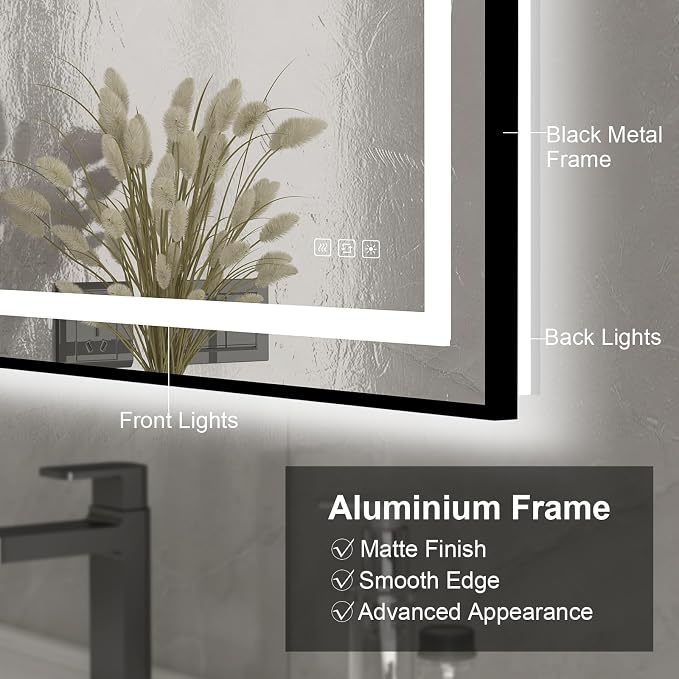 18x24 inches Rectangular Aluminum Black Framed LED Mirror, Smart Bathroom Mirror with Lights, Anti-Fog, Tempered Glass, 3 Colors Dimmable, Front and Backlit, Wall Mounted, Memory