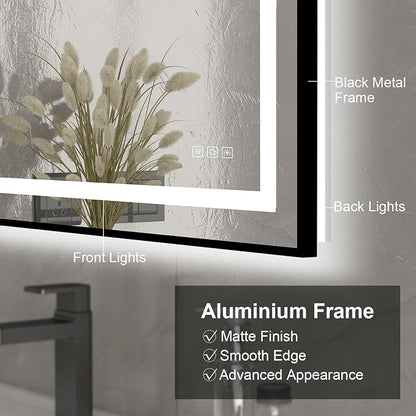 18x24 inches Rectangular Aluminum Black Framed LED Mirror, Smart Bathroom Mirror with Lights, Anti-Fog, Tempered Glass, 3 Colors Dimmable, Front and Backlit, Wall Mounted, Memory