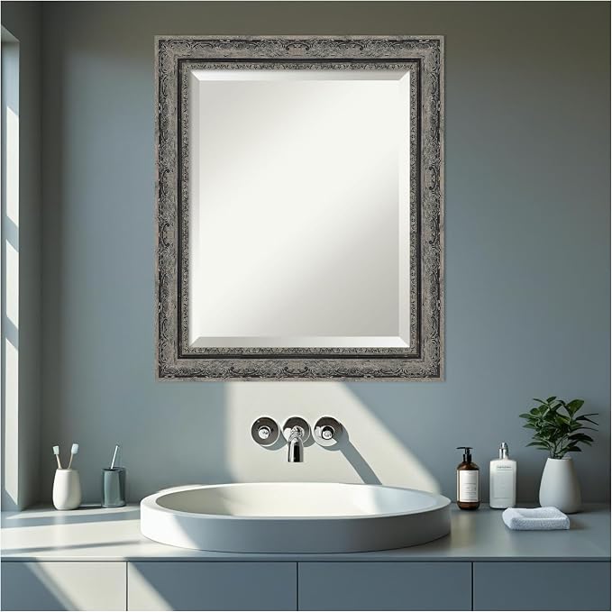 Amanti Art Black Bathroom Mirror for Over Sink, 24x20 Filigree Matte Black Rectangle Vanity Mirror, Small Traditional Frame, Hangs Horizonally and Vertically, Bathroom Wall Decor, Beveled Edge
