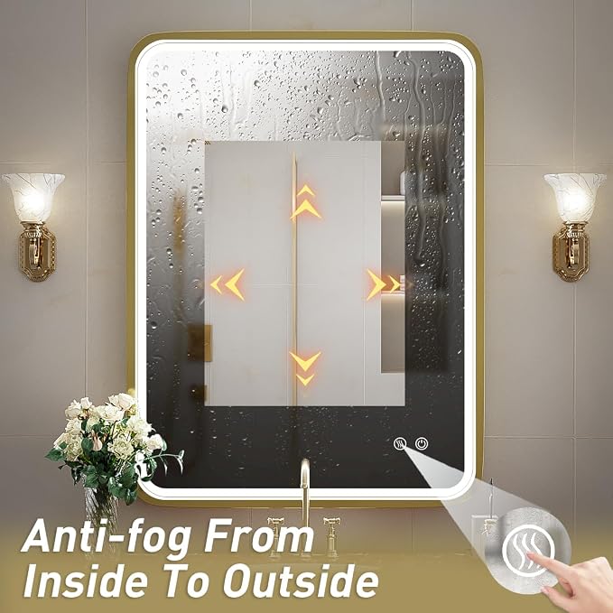 LED Bathroom Mirror with Light,Gold Frame,24x32 Inch | ETL Listed,Anti-Fog,3000K/4500K/6000K Dimmable,Horizontal & Vertical,Wall Mounted,Memory Function
