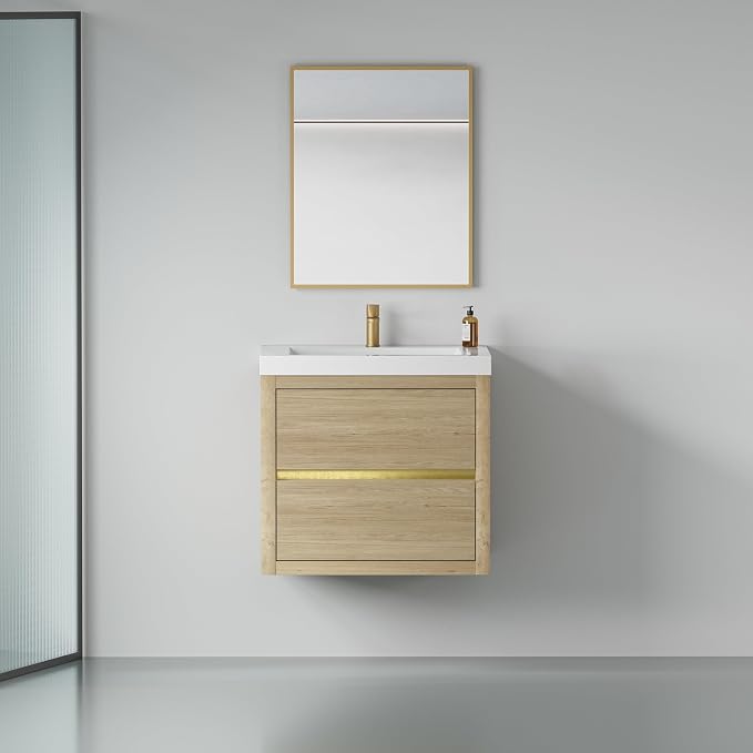 24" Floating Bathroom Vanity with Sink, Wall-Mounted Bathroom Storage Vanity Cabinet with Resin Top Basin and Soft Close Drawers, Fully Assembled, Natural Oak
