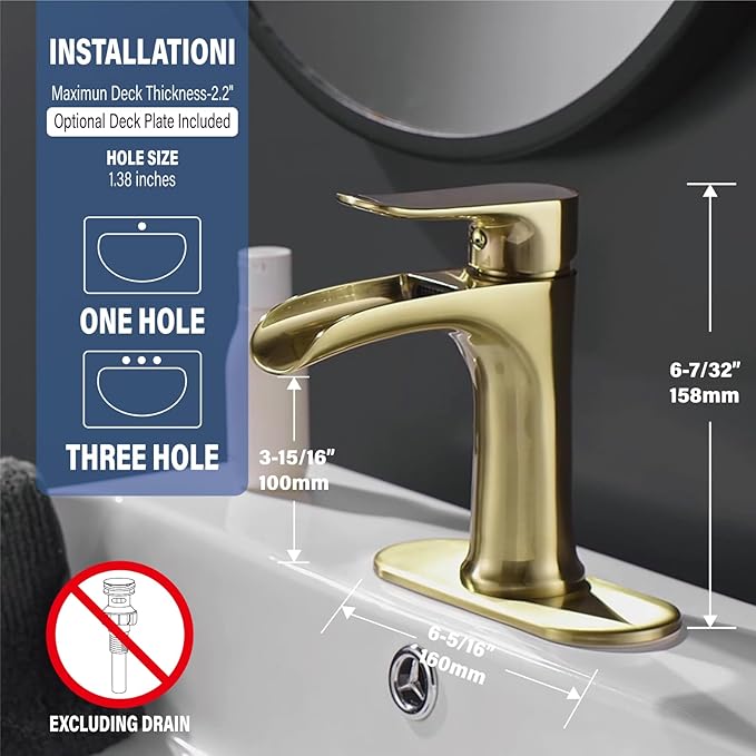 Yundoom Brushed Gold Bathroom Faucet - Single Hole Or 3 Hole, Farmhouse Rv Brass, Waterfall Design, 4 Inch Deck Plate