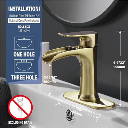 Yundoom Brushed Gold Bathroom Faucet - Single Hole Or 3 Hole, Farmhouse Rv Brass, Waterfall Design, 4 Inch Deck Plate