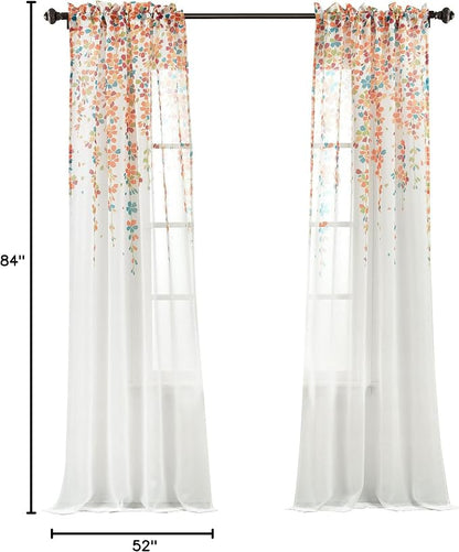 Lush Decor Weeping Flower Sheer Window Curtain Panels, Pair, 38" W x 84" L + 2" Header, Turquoise & Tangerine - Farmhouse Sheer Curtains - Floral Curtains for Living Room, Bedroom & Dining Room