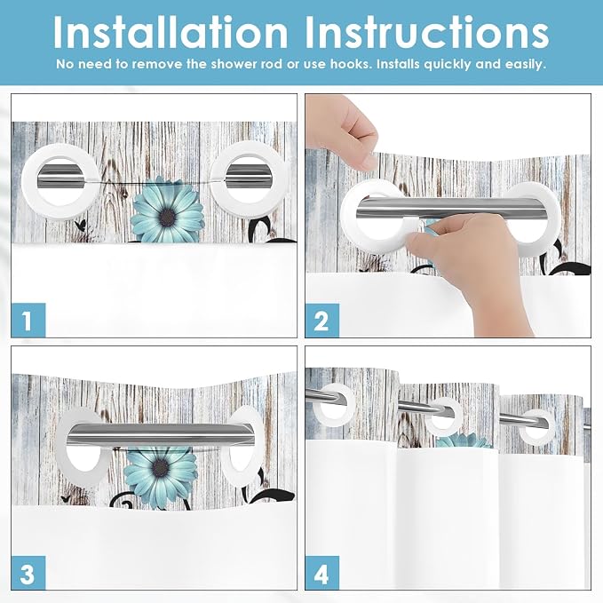 No Hook Shower Curtain with Snap in Liner 71x74 Inch Flower Teal | Rustic Daisy Farmhouse Modern Double Layers Waterproof Fabric with See Through Top Window Open Grommet Bath Curtain