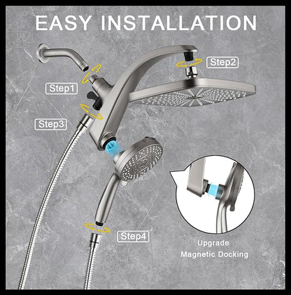 12" High Pressue Rain Shower Head with Handheld, 9 Sprays Hand Showerhead | Shower Heads with Handheld Spray Combo, Dual Head, Built-in Magnetic Docking, Power Jets, 59" Shower Hose, Nickel 1.75GPM