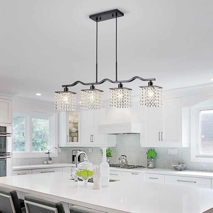 WUZUPS Crystal Chandelier 4-Light Linear Raindrop Pendant Ceiling Light Modern Lighting Fixture for Bedroom Dinning Room Bar Kitchen Island, H8.7'' W4.7'' L30.5, E12 Base, Black