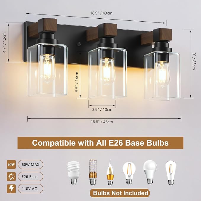 Farmhouse Black 3-Light Bathroom Vanity Light, Square Glass Shade | Vintage Rustic Design, Wood Grain Finish, Matte Black Metal, Wall Mount Over Mirror Lighting Fixtures for Bathroom Restroom