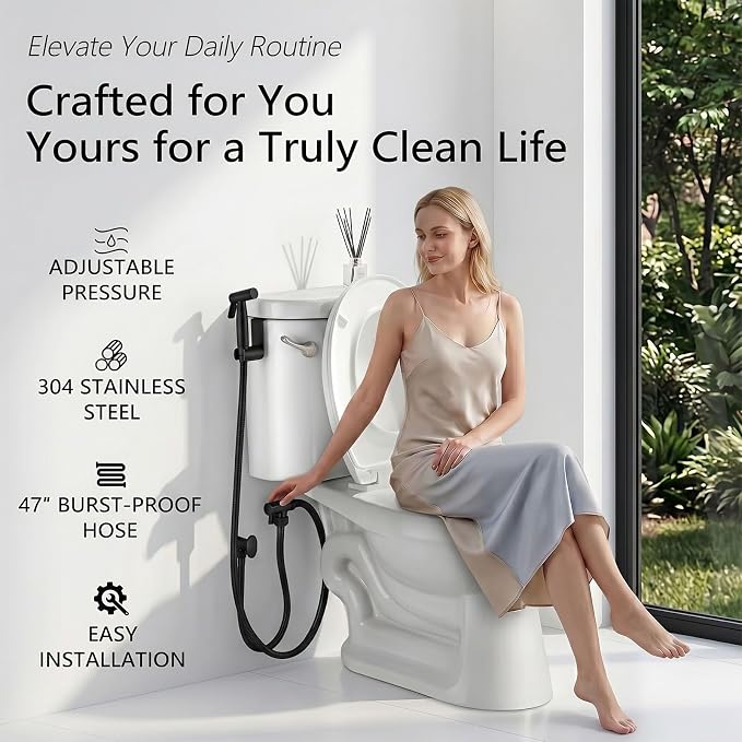 TRIPHIL Handheld Bidet Sprayer for Toilet, Adjustable Water Pressure Jet Bidet Attachment with Leak-Proof 304 Stainless Steel T-valve for Bathroom Cleaning, Cloth Diaper/Feminine Wash, Matte Black