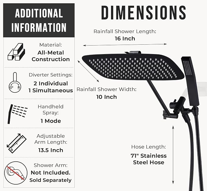 G-Promise All Metal 16" Rain Shower Head with Handheld for Bathroom Upgrade | All Metal, Built to Last, Easy Install, Adjustable Height & Angle for All Heights, Extra Long Hose, Modern Upgrade