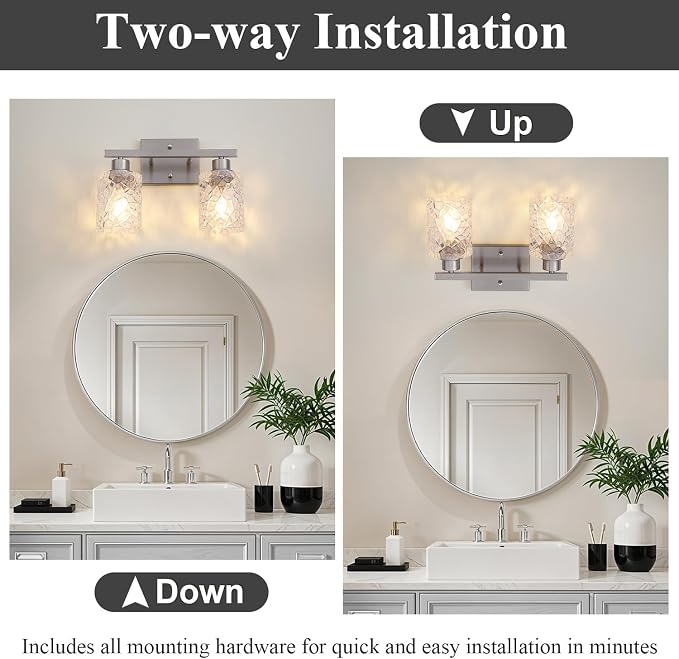 Mecgirn Stainless Steel Bathroom Vanity Light Over Mirror, 2 Light Brushed Nickel Bathroom Light Fixtures with Textured Glass Shades, Ceramic E26 Sockets Wall Mounted