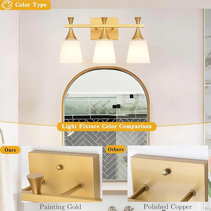 3 Light Modern Bathroom Vanity Light, Milk Glass Wall Light Fixtures Over Mirror, Brushed Gold Vanity Lighting for Bathroom, Living Room, Bedroom, E26 Base (Exclude Bulb)