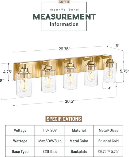 5-Light Bathroom Light Fixtures, 30 Inch Brushed Gold Vanity Light with Cylinder Clear Glass Shade, Modern Vanity Lighting Fixtures Over Mirror, VL143-BG-5