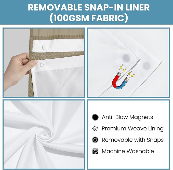 SORTTO No Hook Shower Curtain with Snap in Liner Set Waffle Shower Curtain for Bathroom Hotel Style Fabric Waterproof Inner Liner，71" W x 74" H, Beige