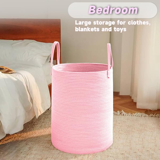 JMvicyroam 80L Cotton Rope Laundry Basket Hamper, Pink | Collapsible laundry basket, reinforced handles, freestanding, machine washable, holds 3-5 thick blankets, clothes or toys