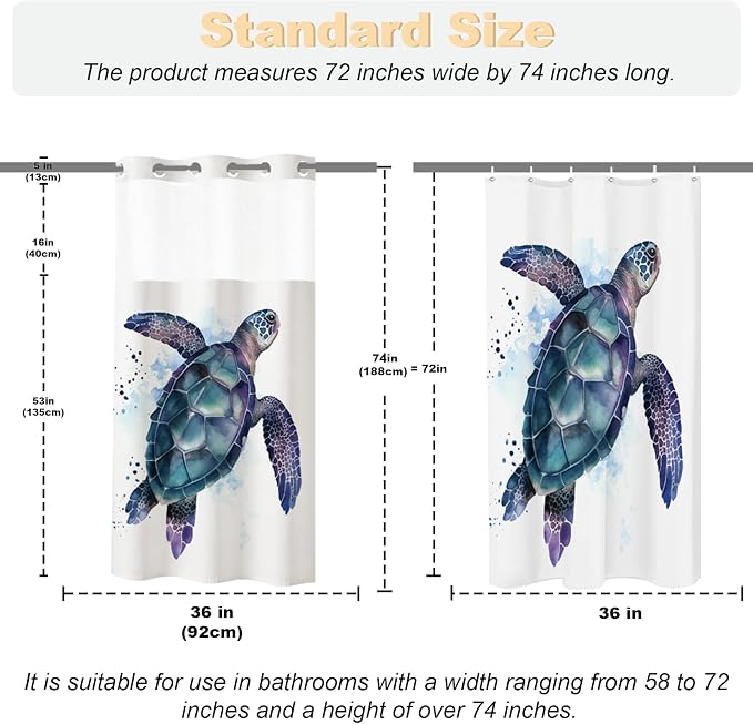 Funny Sea Turtle Shower Curtains Ocean Animal Cartoon Kids Theme No Hook Waffle Weave Shower Curtain with Snap in Liner Polyester Fabric Bathroom Decor Set 36 W x 74 H Inch Teal Purple
