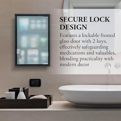 MyGift Black Bathroom Medicine Cabinet, Wall Mounted Metal Storage Cabinet with 3 Shelves, Locking Glass Door Keys