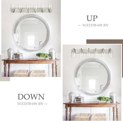 Emliviar Large Bathroom Wall Light, 6-Light Industrial Bathroom Lighting Fixtures Over Mirror, Brushed Nickel Finish with Clear Glass, YCE237B-6W BN