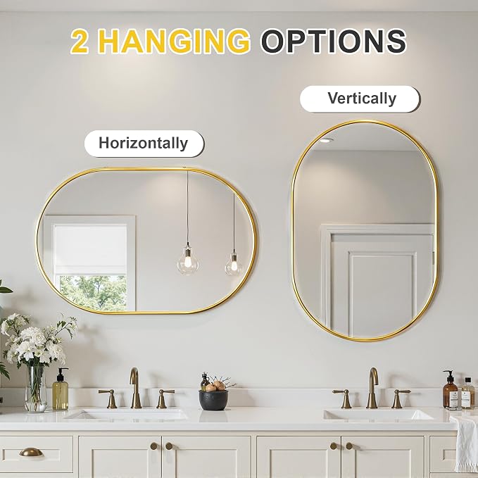 Oval Bathroom Mirror for Over Sink, 2 Pack 24"x36" Gold Wall Mirror | HD Shatterproof Glass, Metal Framed, Oval Vanity Mirrors for Bathroom, Bedroom, Living Room, Entryway, Horizontal or Vertical