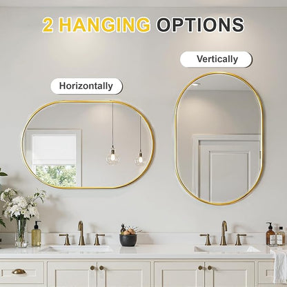 Oval Bathroom Mirror for Wall, 24"x36" Gold Bathroom Vanity Mirror | HD Shatterproof Glass, Metal Framed, Oval Vanity Mirrors for Bathroom, Bedroom, Living Room, Entryway, Horizontal or Vertical