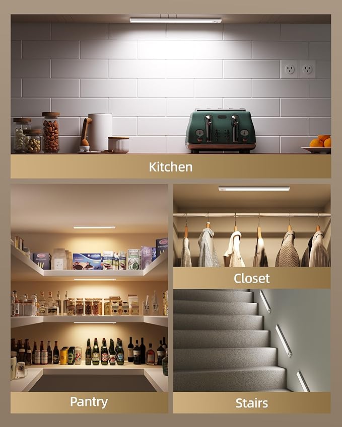 10inch Under Cabinet Lighting Wireless, 3-Pack Rechargeable Battery Motion Sensor Light Indoor, LED Closet Lights USB Charging,3 Color Dimmable Under Cabinet Lights for Kitchen, Cabinet, Wardrobe