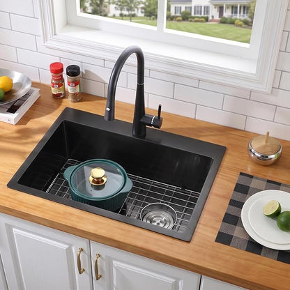 24x18x9 Inch Drop in Kitchen Sink | 304 Black Stainless Steel Single Bowl,Right Offset Drain, R10 Tight Corner, Topmount Kitchen Sink with Strainer & Bottom Grid