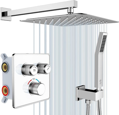 SR SUN RISE 100℉ Thermostatic Shower System,12" Luxury Rainfall Shower Head and High-Pressure Handheld Bathroom Shower Faucet Set,Shower Valve and Trim Kit Included (Polished Chrome)