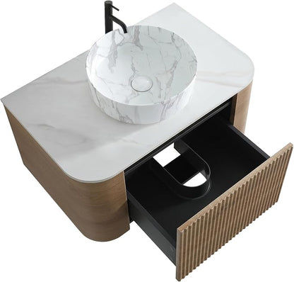 30" Preassembled Floating Bathroom Vanity with Carrara Finish Sink, Oak | Mid-Century Modern Style, Fluted & Soft-Close Drawer with U-shaped Wall, Sinterted Stone Countertop, Towel Rack Included